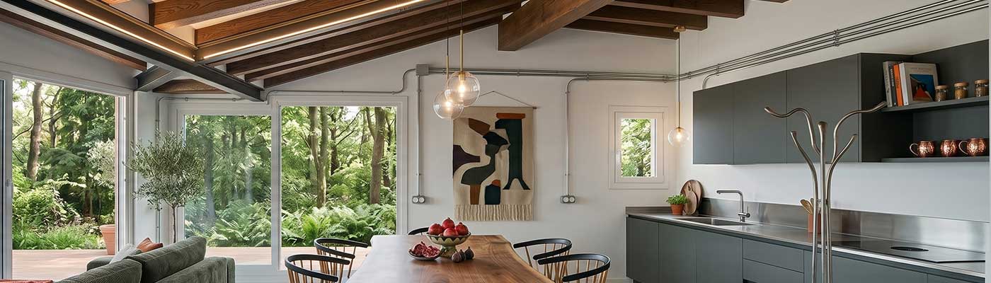 Cocina y salón con la instalación eléctrica vista por fuera de la pared